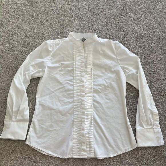 George Stretch Minimalist Pointed Collar Pleated Front Hidden Button Career Top - Picture 6 of 9